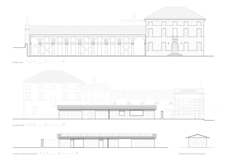 Elevation drawings showing an arcade with arched openings connecting to a multi-story villa
