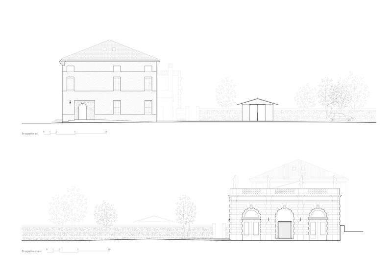 Elevation drawings of a two-story villa with triangular pediment and a detached gabled structure