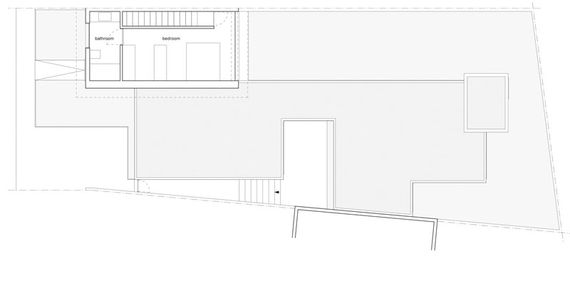 Roof plan drawing displaying terraces and upper level volumes on a sloping site