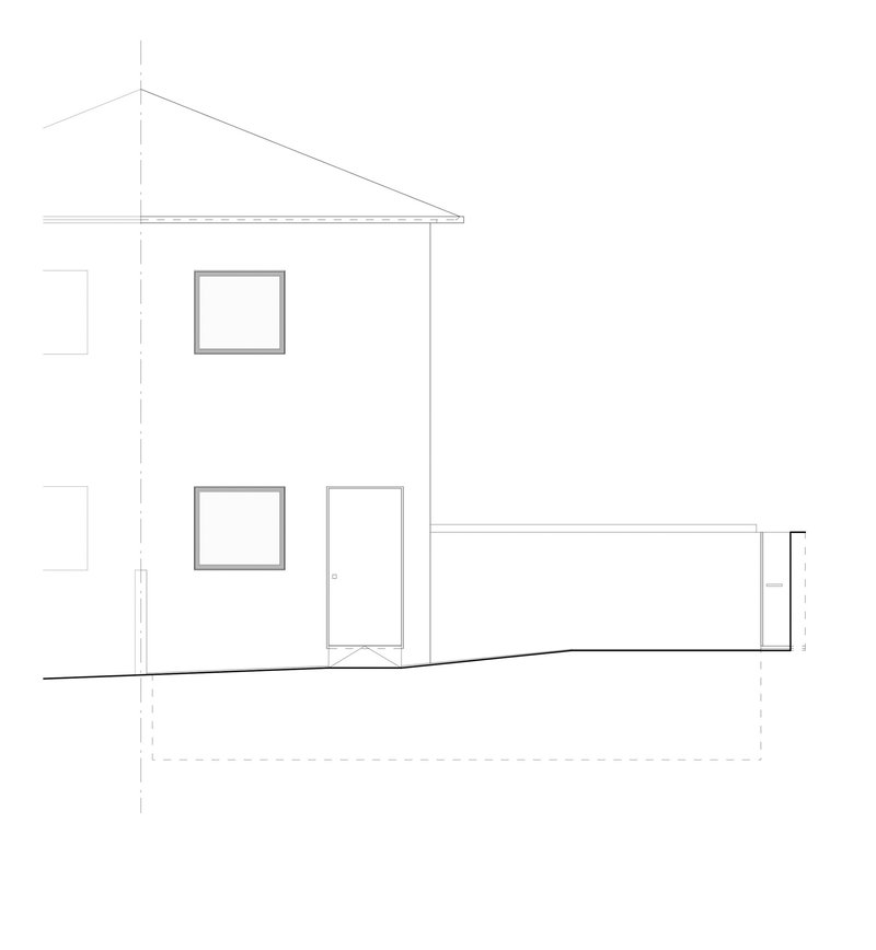 Elevation drawing showing a two-storey pitched-roof volume with a door and windows adjoining a flat-roofed extension
