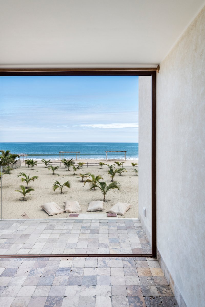 Floor-to-ceiling opening framing a beachfront with young palms, cushions, and ocean beyond