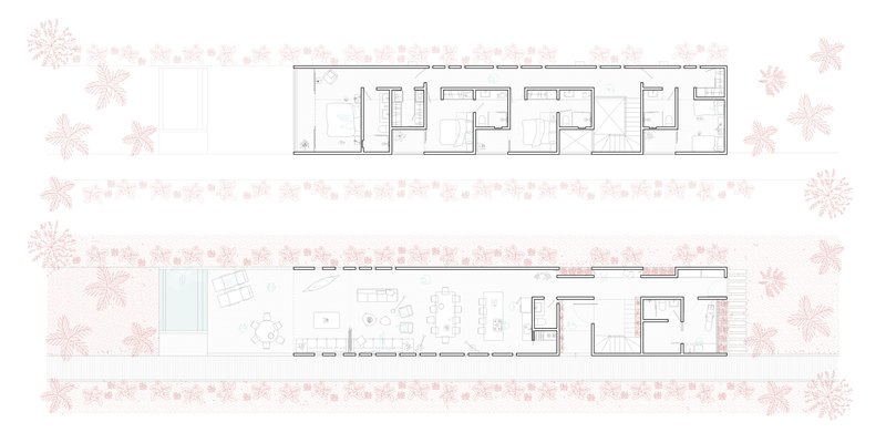 Floor plan drawings showing two levels of a linear volume with repeating room divisions