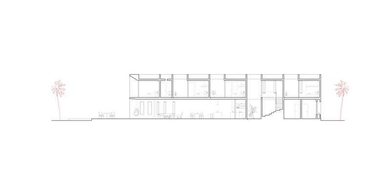 Section drawing showing a two-story volume with clerestory windows and palm trees flanking the exterior
