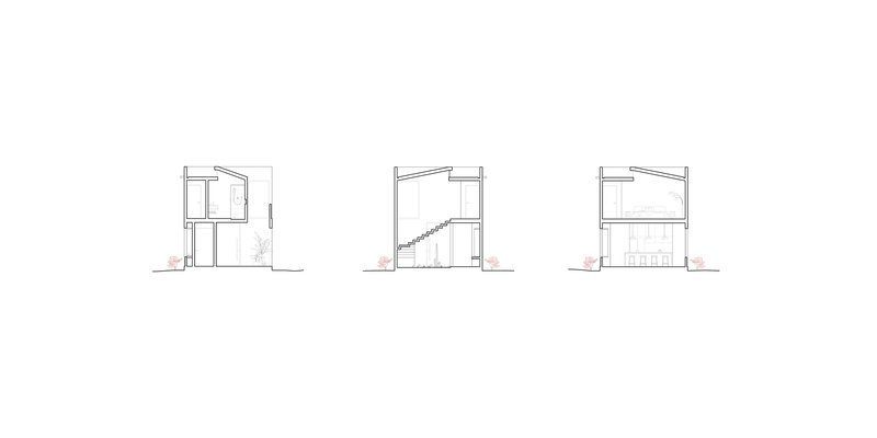 Section drawings showing three variations of the interior spatial organization with stairs and vertical circulation