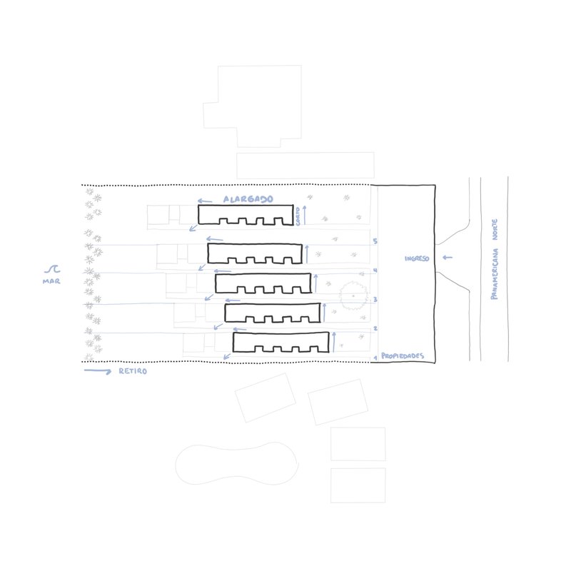 Site plan drawing showing five parallel linear structures aligned between a promenade and waterfront