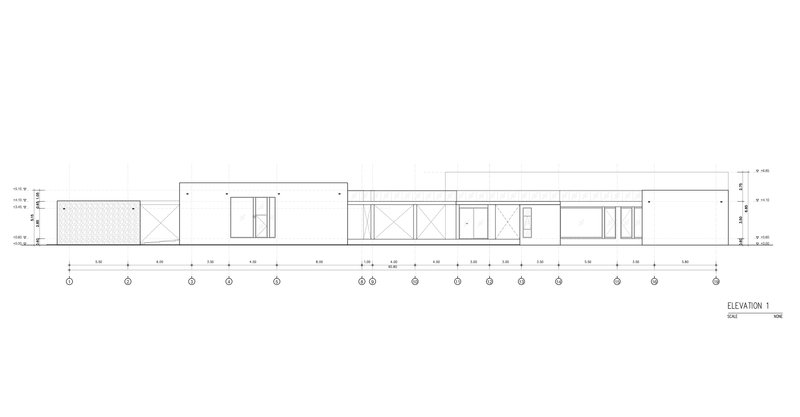 Elevation drawing showing a horizontal facade with varying window openings and material zones