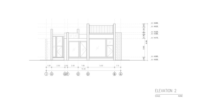 Elevation drawing depicting a section with columns, openings, and a raised roof element
