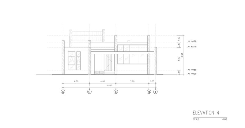 Elevation drawing depicting a low-rise structure with exposed timber framing and clerestory windows