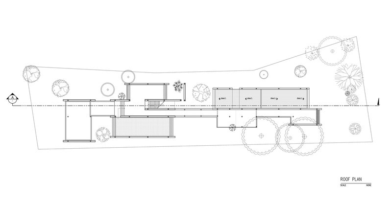 Roof plan drawing illustrating flat roofs at different levels with circular tree canopies along the perimeter
