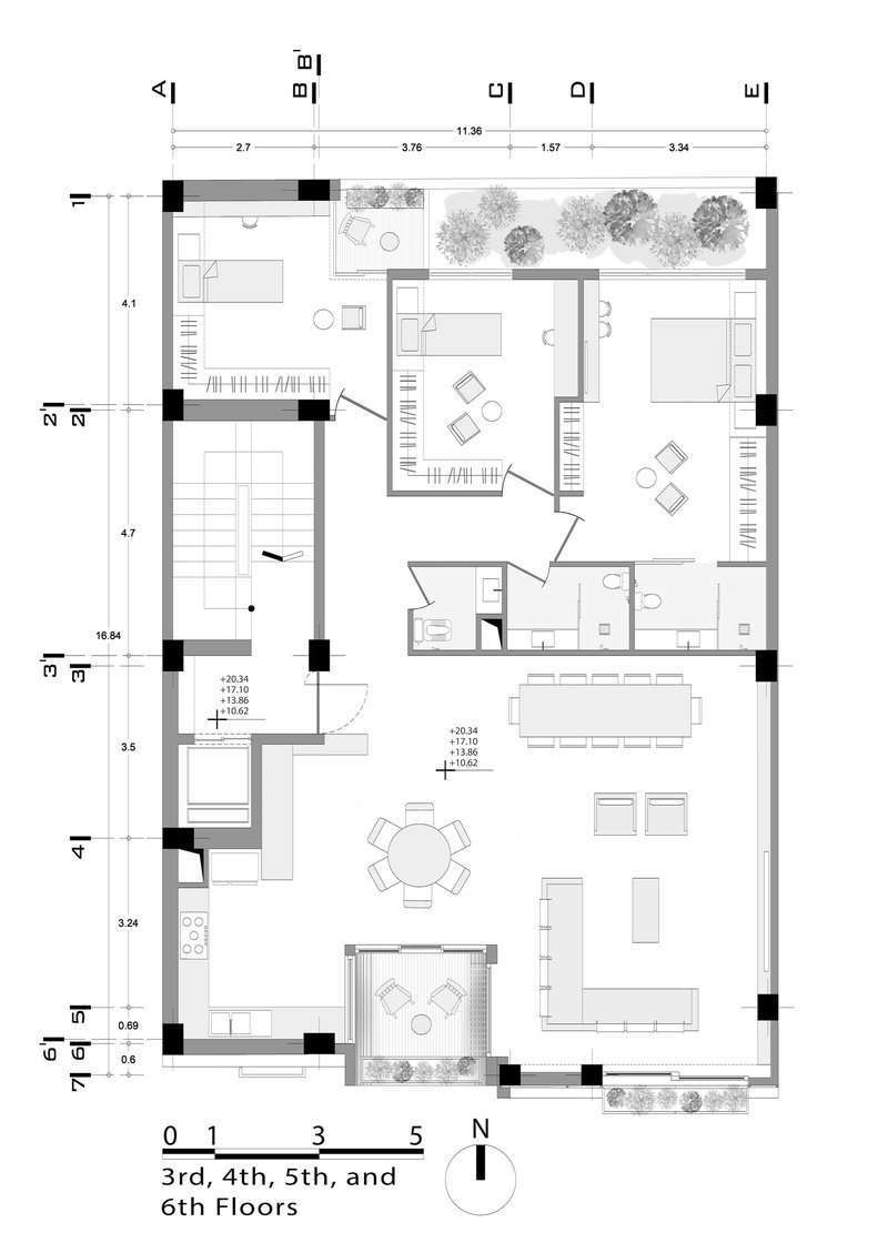 Upper floor plan showing bedroom suites with terrace garden and open living spaces