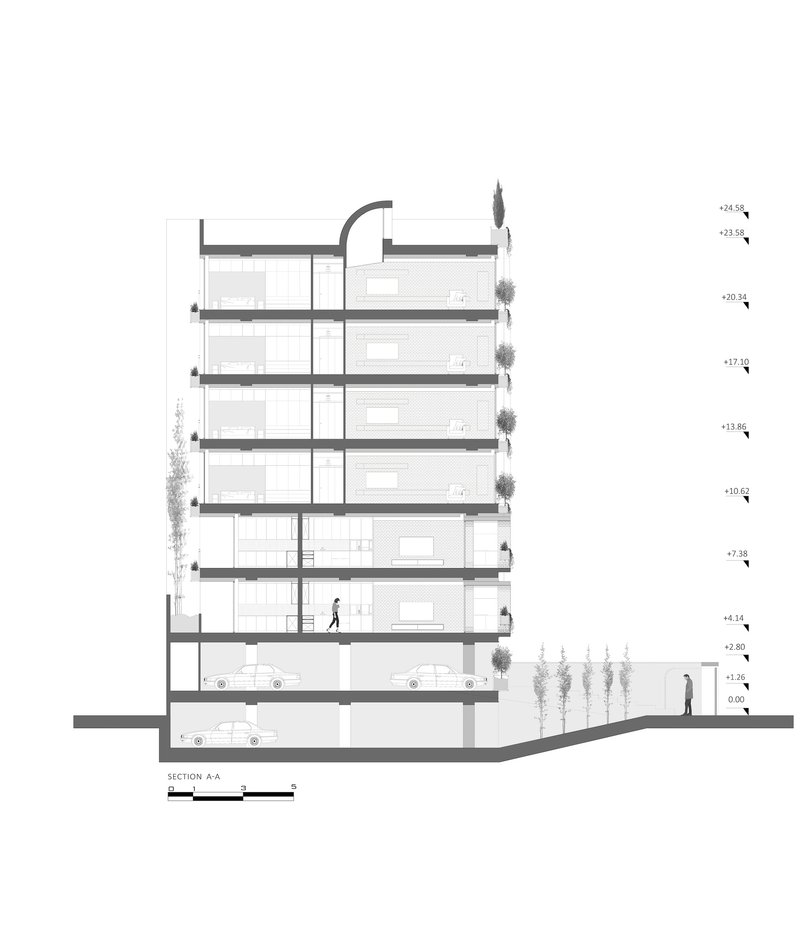 Building section drawing showing six residential floors above basement parking with trees flanking both sides