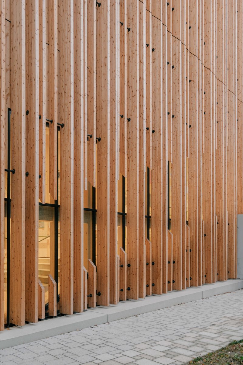 Vertical timber screen facade with irregular window openings and black metal hardware details