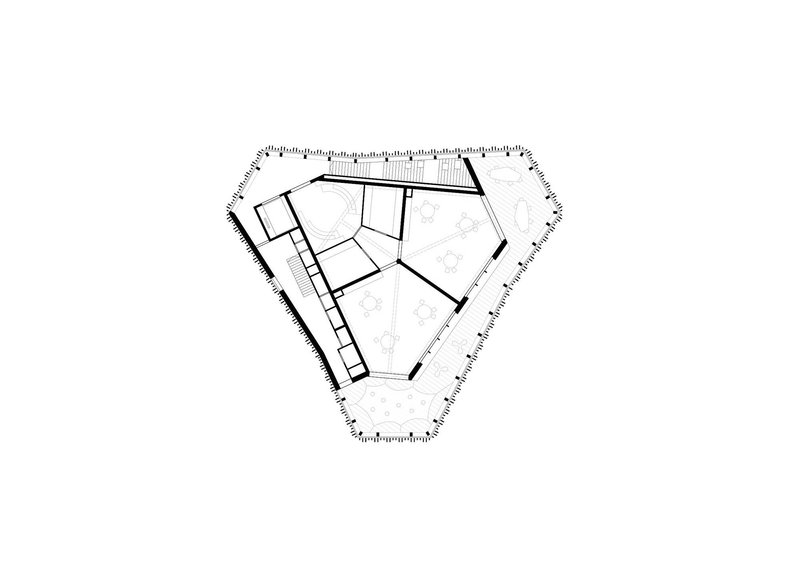 First floor plan drawing showing interior room divisions within the pentagonal perimeter
