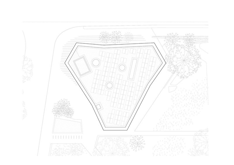 Roof plan drawing showing pentagonal outline with paving pattern and circular roof openings