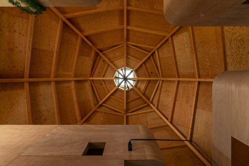 Looking up at the polygonal timber ceiling with radial framing converging at a central octagonal skylight