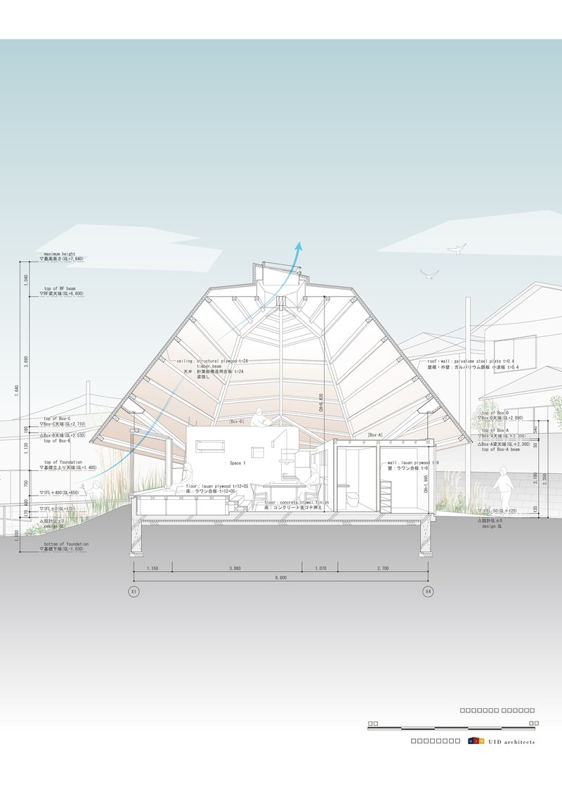 Section drawing revealing timber-framed pyramidal roof structure above open living space
