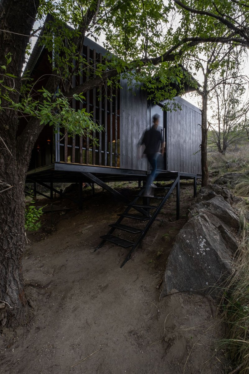 Entrance staircase leading to the elevated cabin with vertical timber slat screening and figure in motion