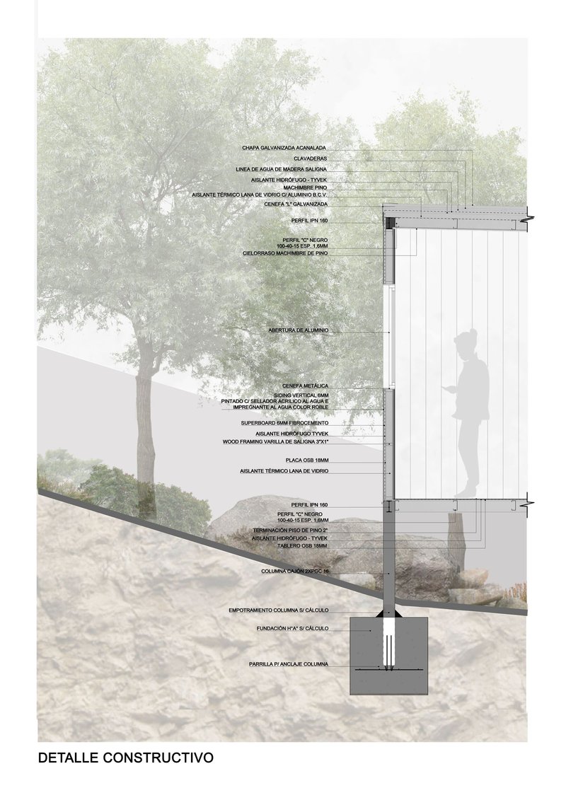 Construction detail section showing foundation, wall assembly, and roof layers with material annotations and surrounding landscape