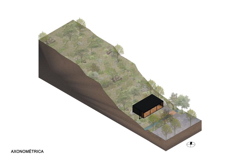 Axonometric drawing of a rectangular volume set into a sloping vegetated hillside with scattered trees