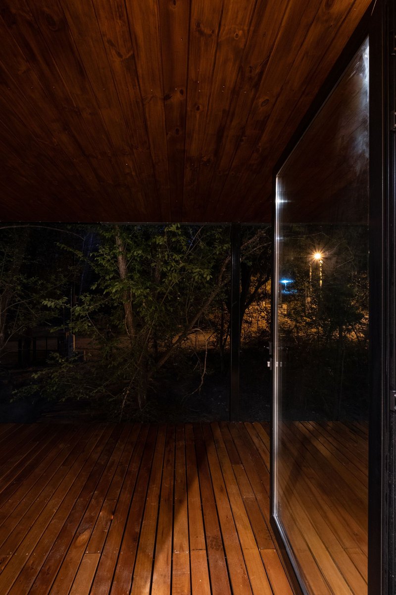 Wood-paneled ceiling over the terrace at dusk with glass doors reflecting the surrounding trees