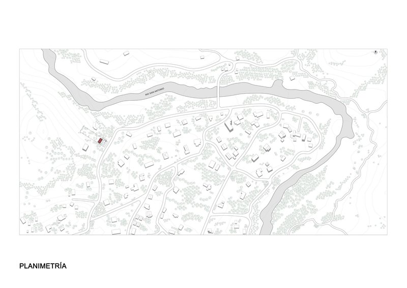 Site plan drawing showing the cabin location within a hillside residential development near a winding river