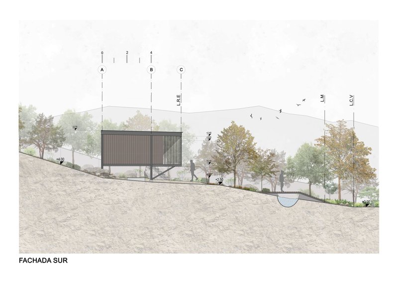 Elevation drawing showing the vertical slatted facade on a hillside with surrounding vegetation