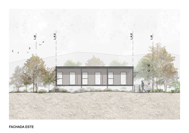 Elevation drawing of a single-story volume with vertical cladding and glazing set among deciduous trees