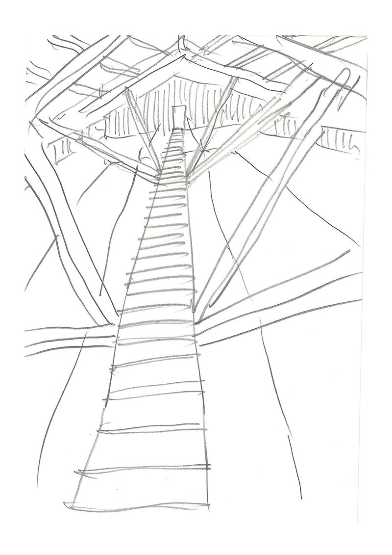 Sketch depicting an upward view of timber beams and a central stairway converging at a pyramidal ceiling