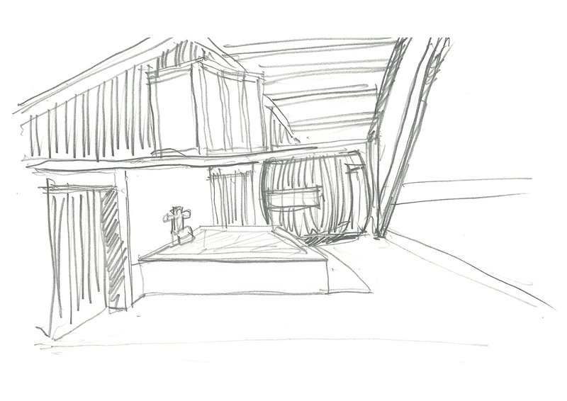 Perspective sketch of an interior space beneath exposed rafters with vertical timber slat walls