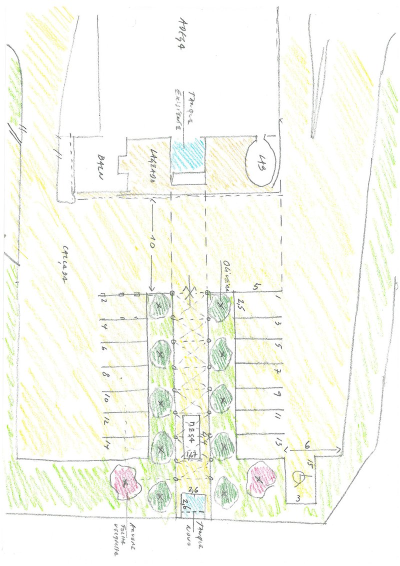 Site plan drawing showing a rectangular building footprint with planted areas and surrounding landscape