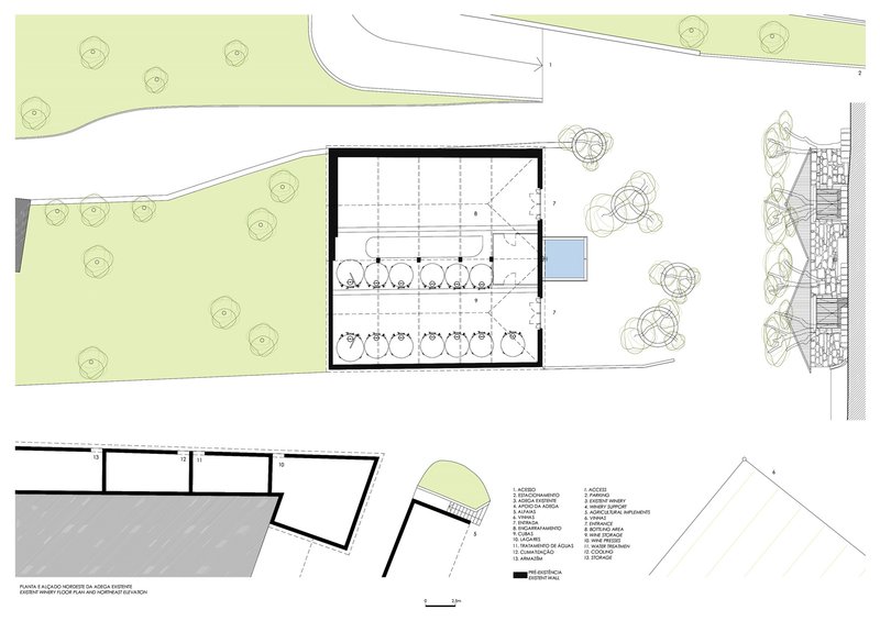 Floor plan and section drawing of a rectangular building with interior structural grid and surrounding landscape
