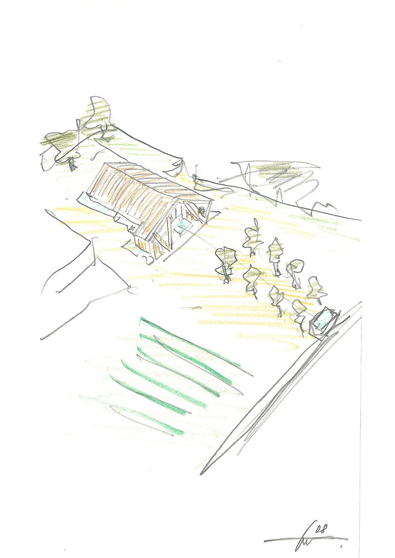 Sketch showing an aerial view of a sloped roof structure with yellow and green landscape bands