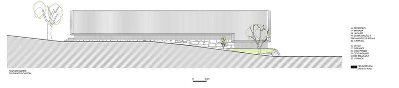 Longitudinal section drawing showing horizontal volume set into hillside with planted roof