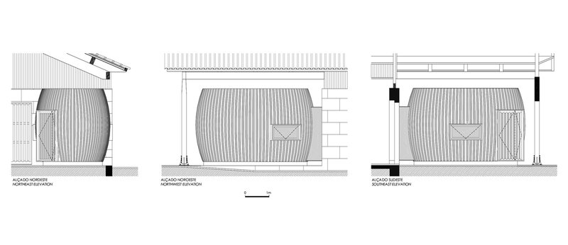 Facade elevation drawings showing three variations of corrugated metal cladding and stone base details