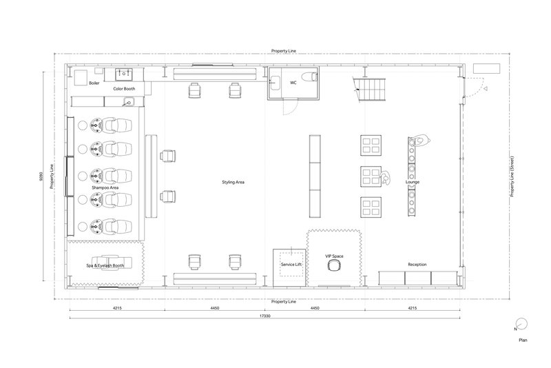 Floor plan showing styling area with scattered workstations and product display tables near the lounge zone