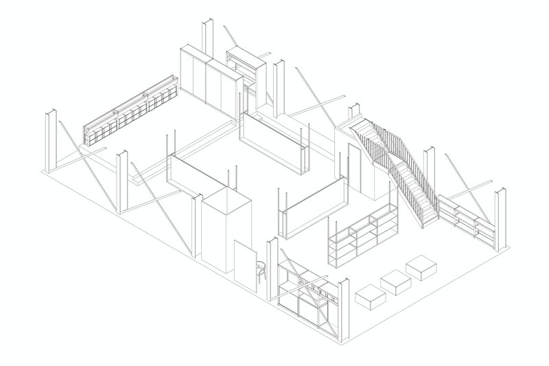 Axonometric drawing showing structural frame with staircase, partition walls, and service counter in skeletal view