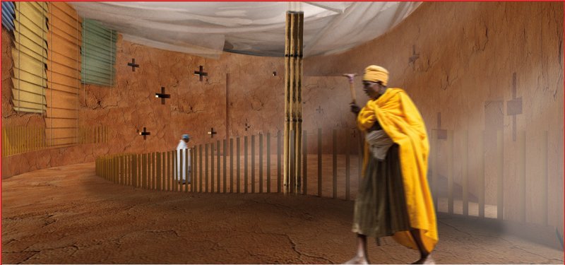 Earth-textured interiors create a contemplative atmosphere shaped by filtered light, bamboo, and traditional Ethiopian materiality.