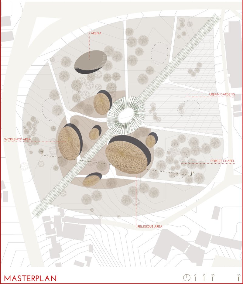 A masterplan shaped by nature, where bamboo pathways and seed-inspired forms create a sustainable spiritual landscape.