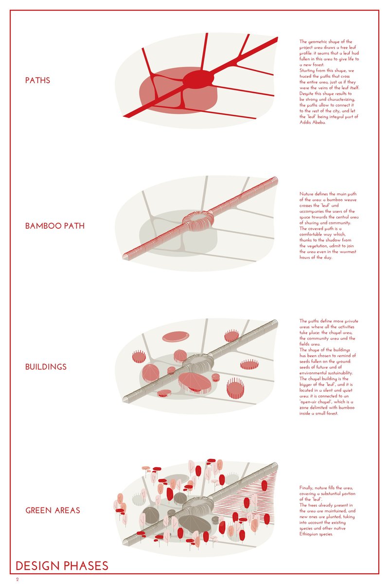 Design phases inspired by the veins of a fallen leaf, transforming ecology into a framework for community architecture.