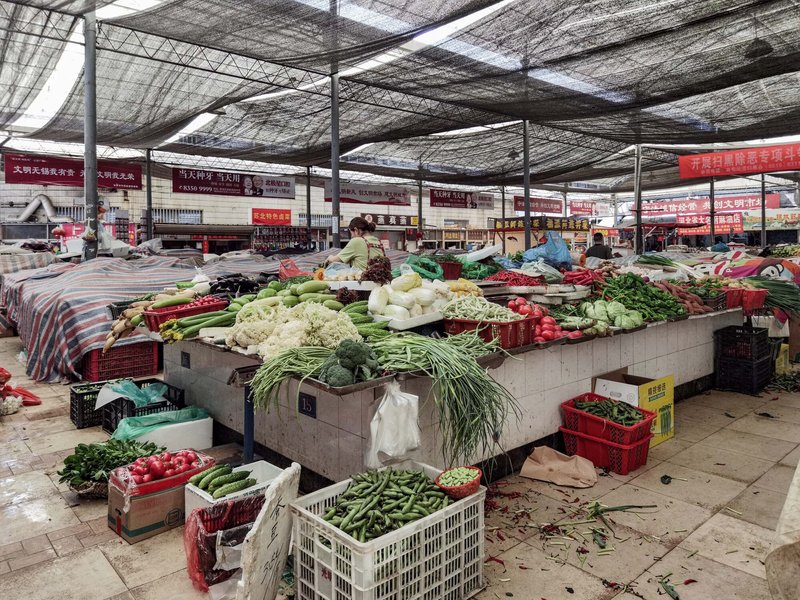 Interior market hall with metal frame canopy structure over produce stands displaying fresh vegetables