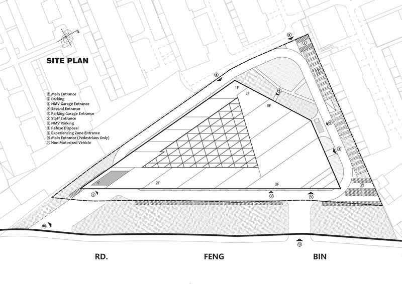 Site plan drawing showing a triangular building footprint with latticed skylight zone and parking areas