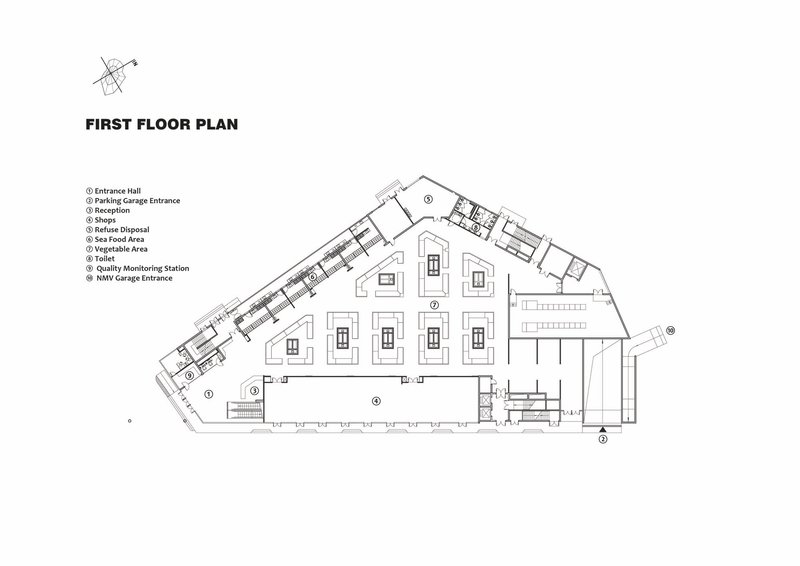 First floor plan drawing showing market stalls arranged around a central hall with support spaces