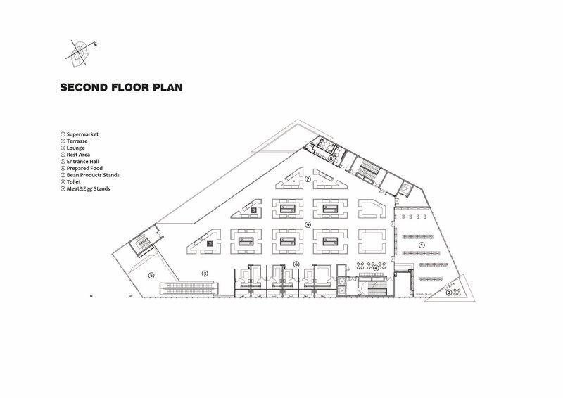 Second floor plan drawing showing retail and food areas distributed across the triangular footprint