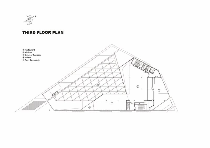 Third floor plan drawing showing dining spaces and a large skylight zone in the upper level