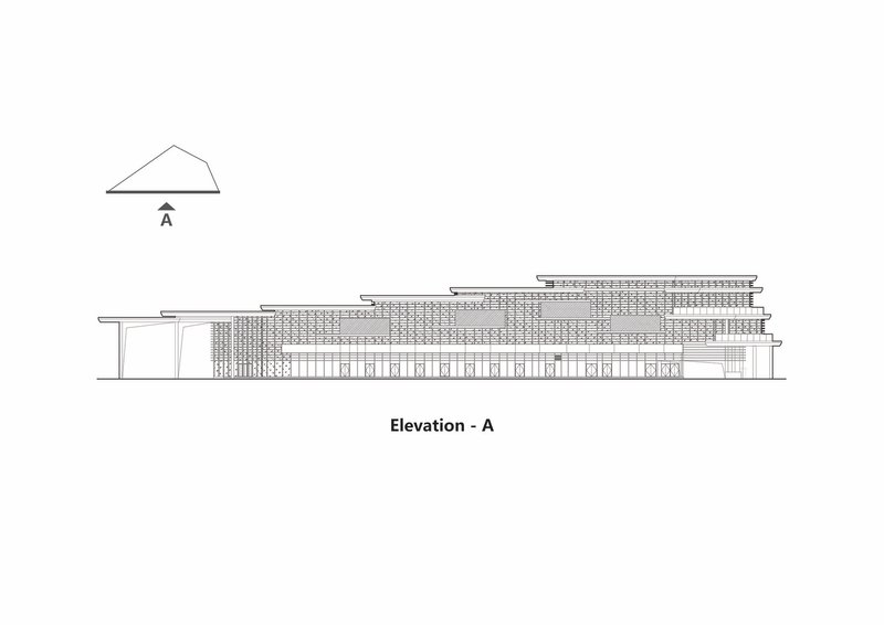 Elevation drawing showing the stepped terraced profile with screen facade and triangular roof form