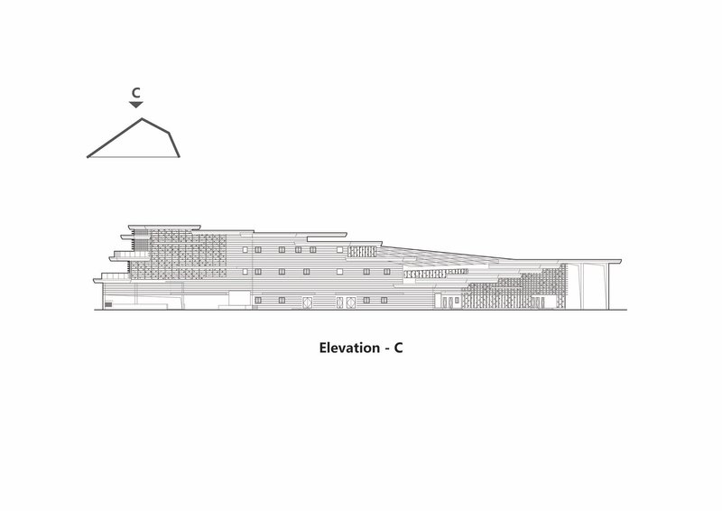 Elevation drawing depicting a terraced structure with cascading volumes and gridded window openings