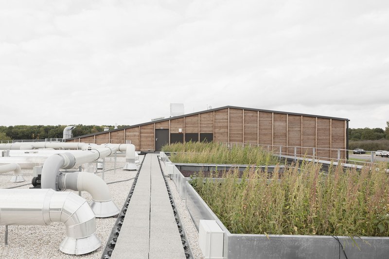 Rooftop view showing planted green roof with white ventilation ducts and timber-clad volume behind