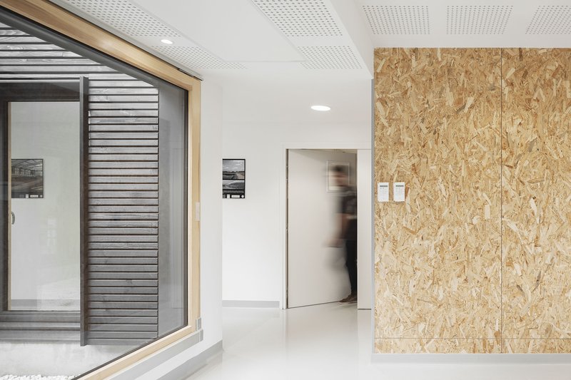 Interior hallway with oriented strand board wall panels and a blurred figure walking through an open doorway
