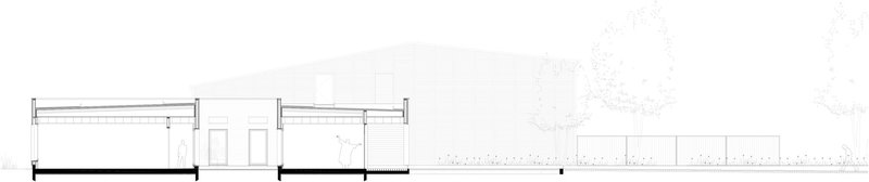 Section drawing showing interior ceiling heights and exterior tree canopy along the length of the building
