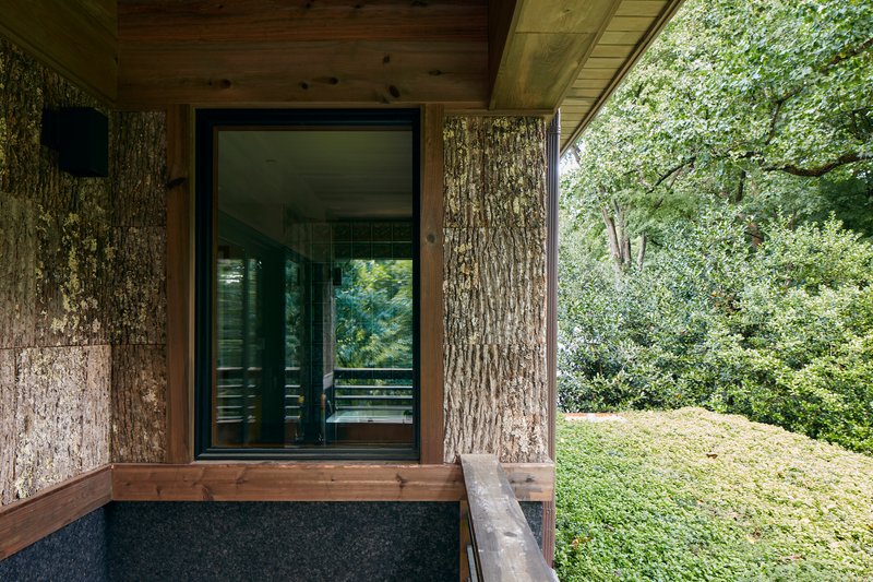 Glass door entrance flanked by textured bark panels under a timber soffit opening to wooded landscape